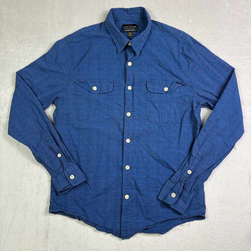 Lucky Brand Button Down Dress Shirt Blue Los Angeles CA Saturday Stretch City